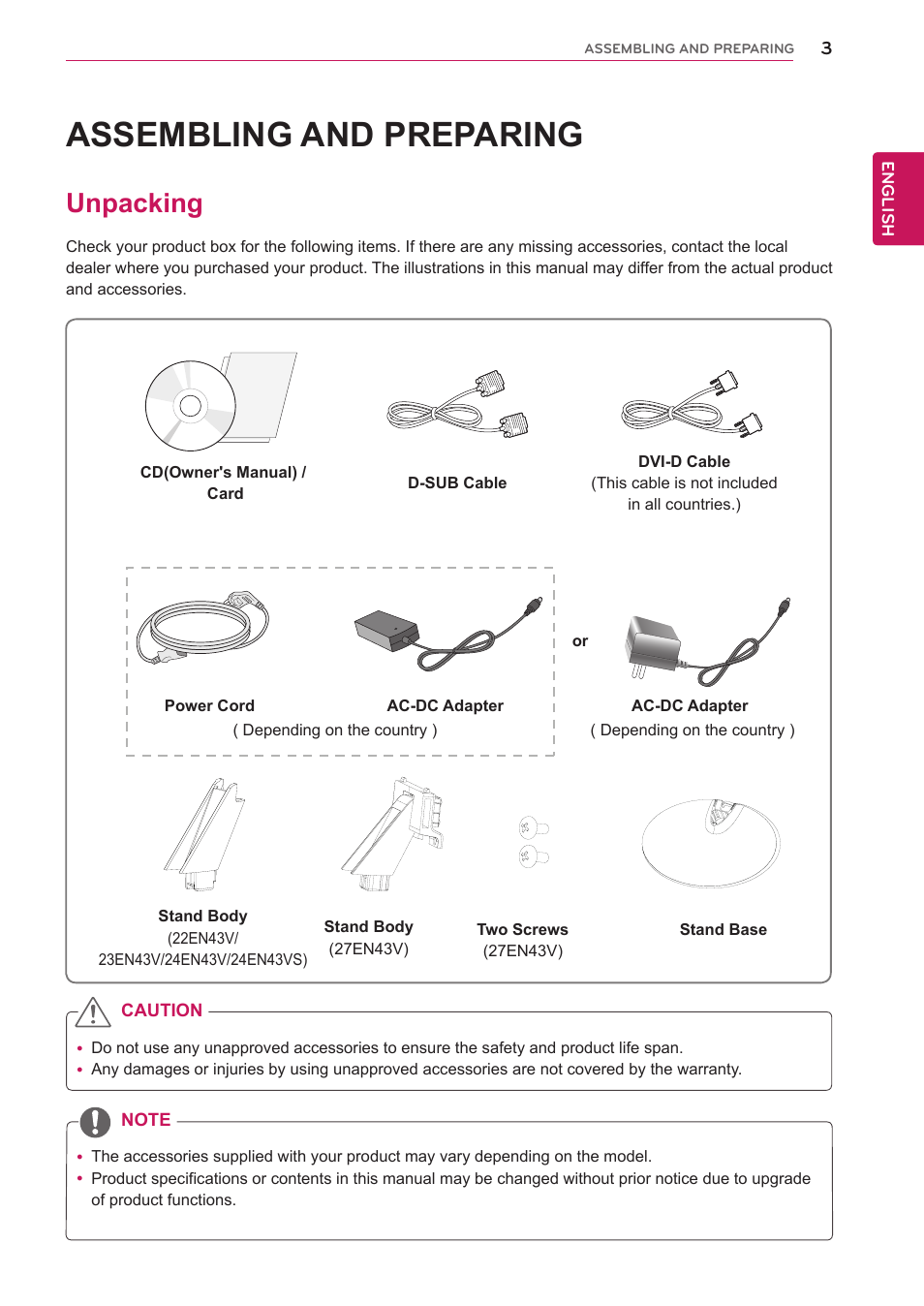 Assembling and preparing, Unpacking, Assembling and prepar | LG 27EN43V-B User Manual | Page 3 / 32