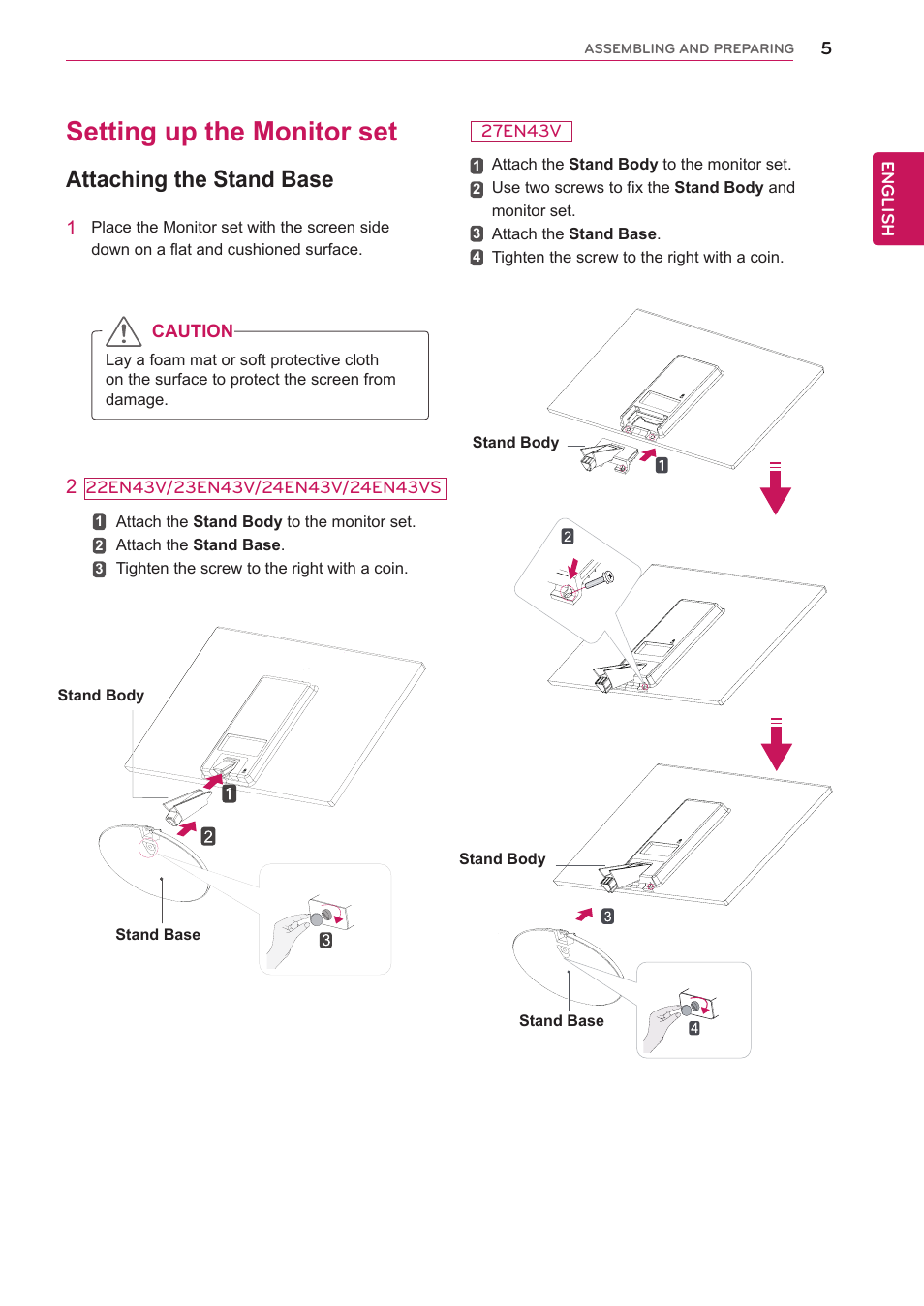 Setting up the monitor set, Attaching the stand base | LG 27EN43V-B User Manual | Page 5 / 32