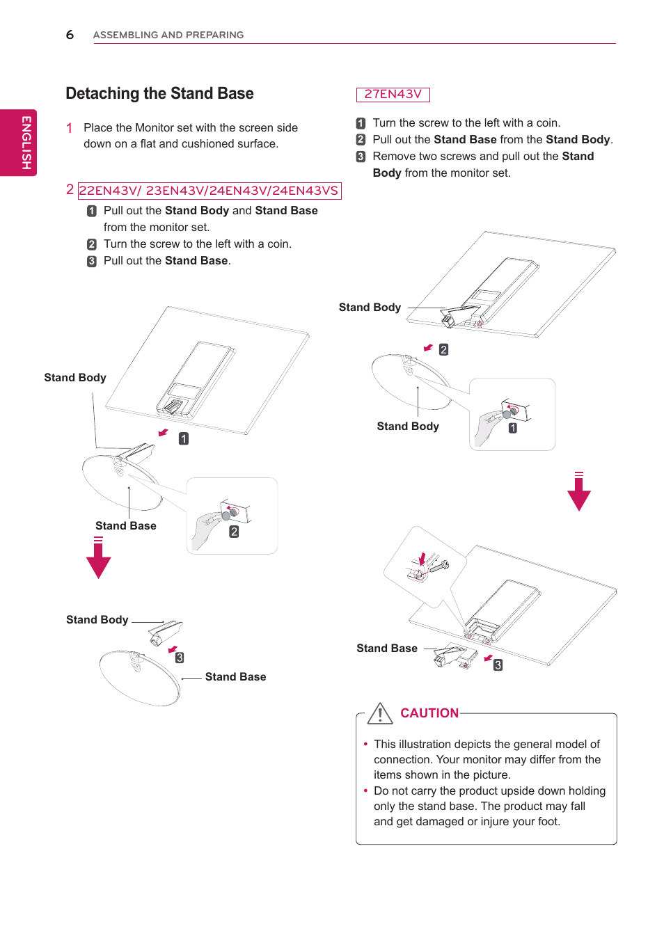 Detaching the stand base | LG 27EN43V-B User Manual | Page 6 / 32