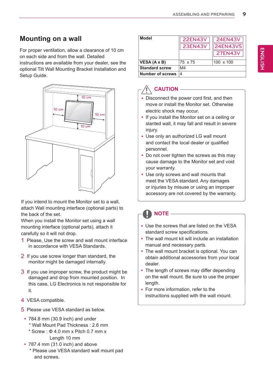 Mounting on a wall | LG 27EN43V-B User Manual | Page 9 / 32