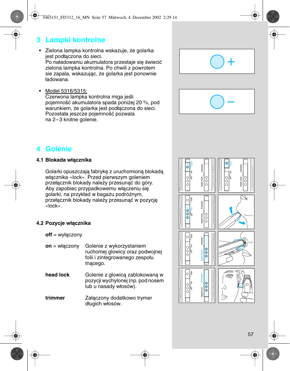 3 lampki kontrolne, 4 golenie | Braun 5314 User Manual | Page 57 / 76