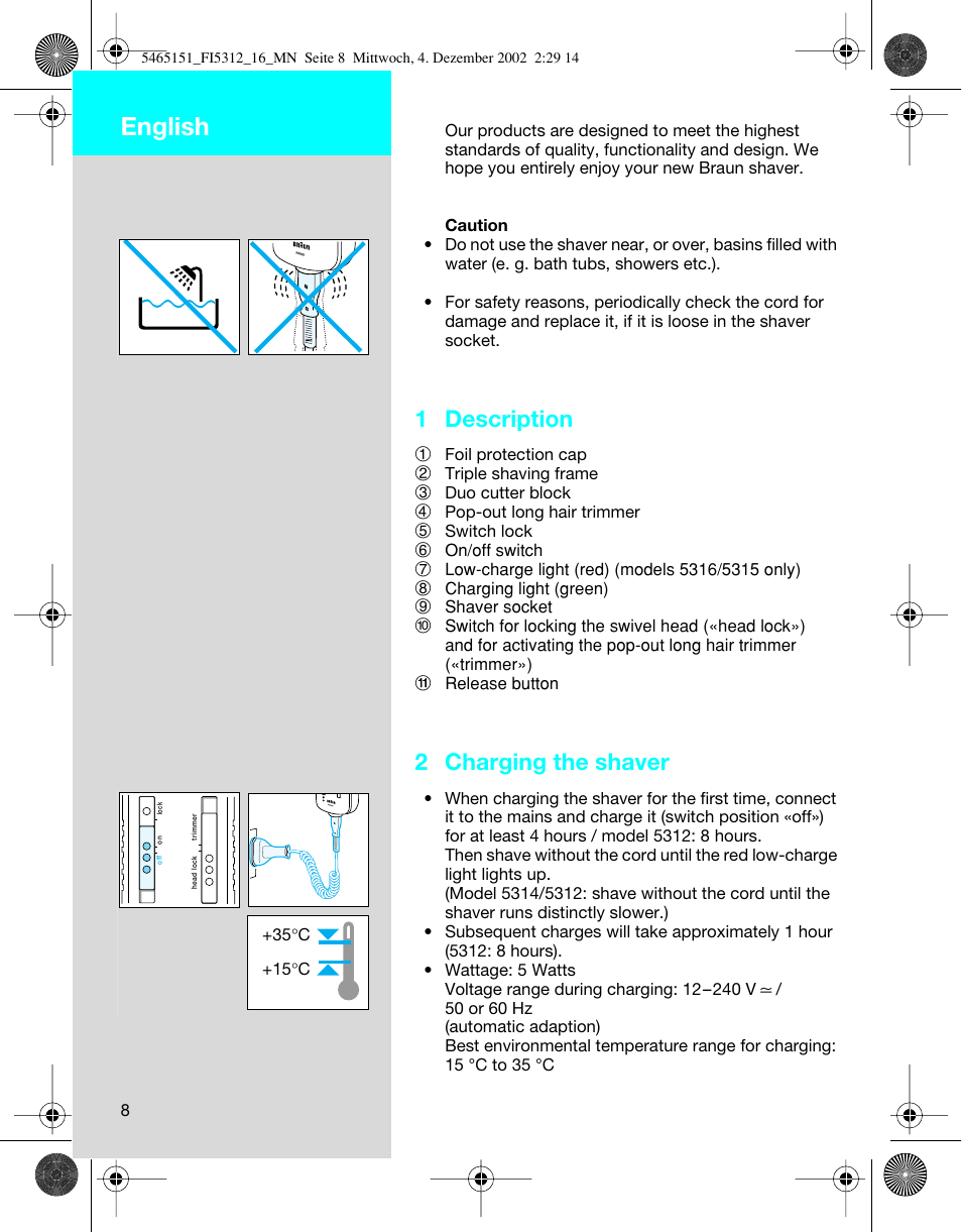 English, 1 description, 2 charging the shaver | Braun 5314 User Manual | Page 8 / 76