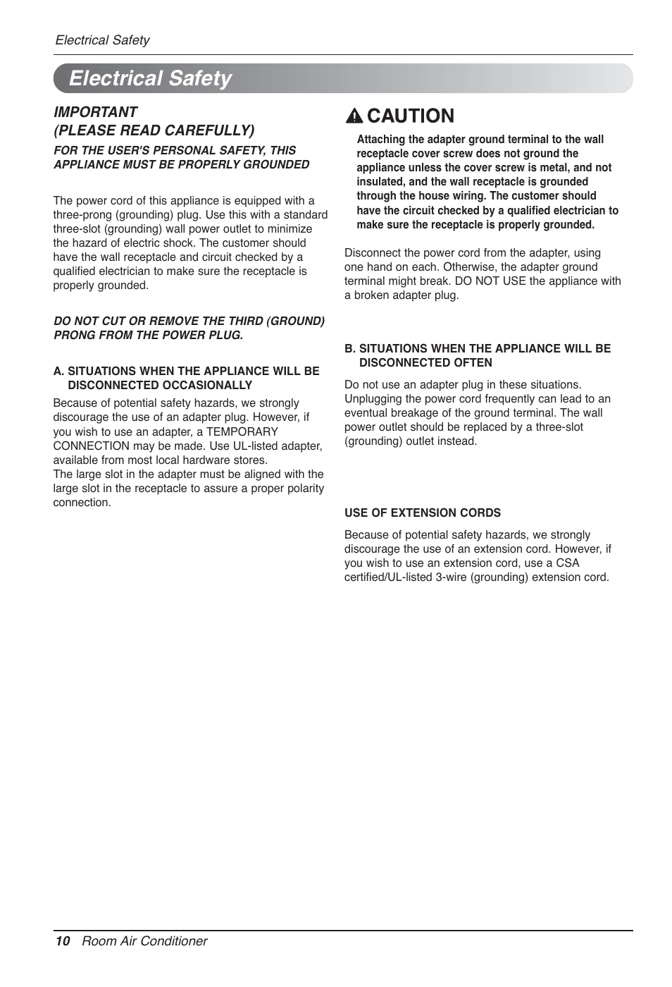 Electrical safety | LG LP090CED User Manual | Page 10 / 27
