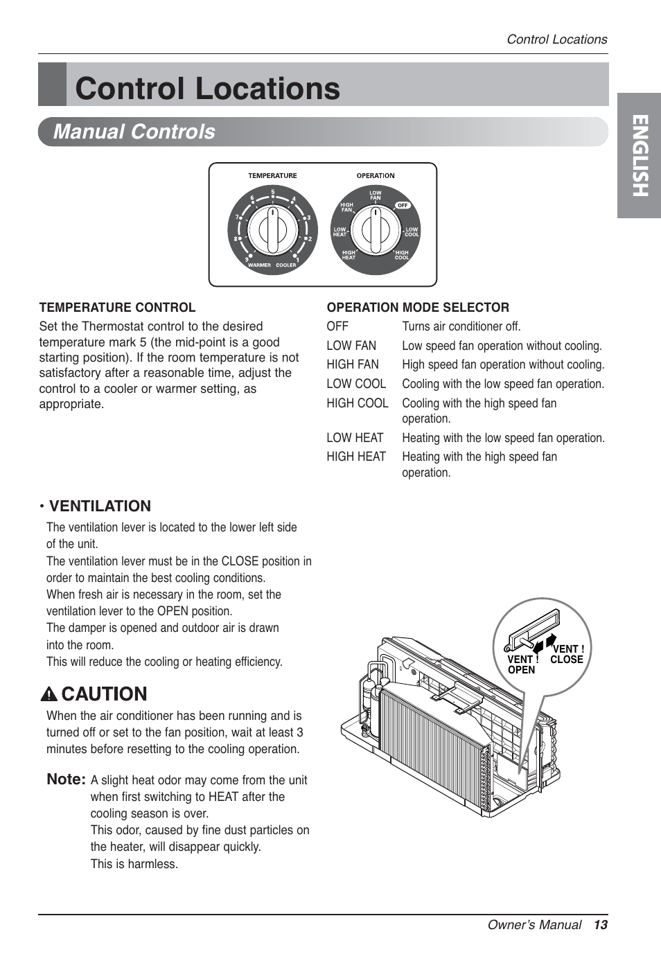 Control locations, English, Manual controls | LG LP090CED User Manual | Page 13 / 27