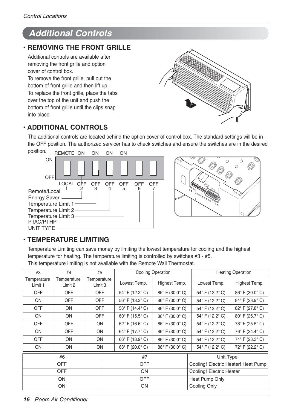 Additional controls, Removing the front grille, Temperature limiting | LG LP090CED User Manual | Page 16 / 27