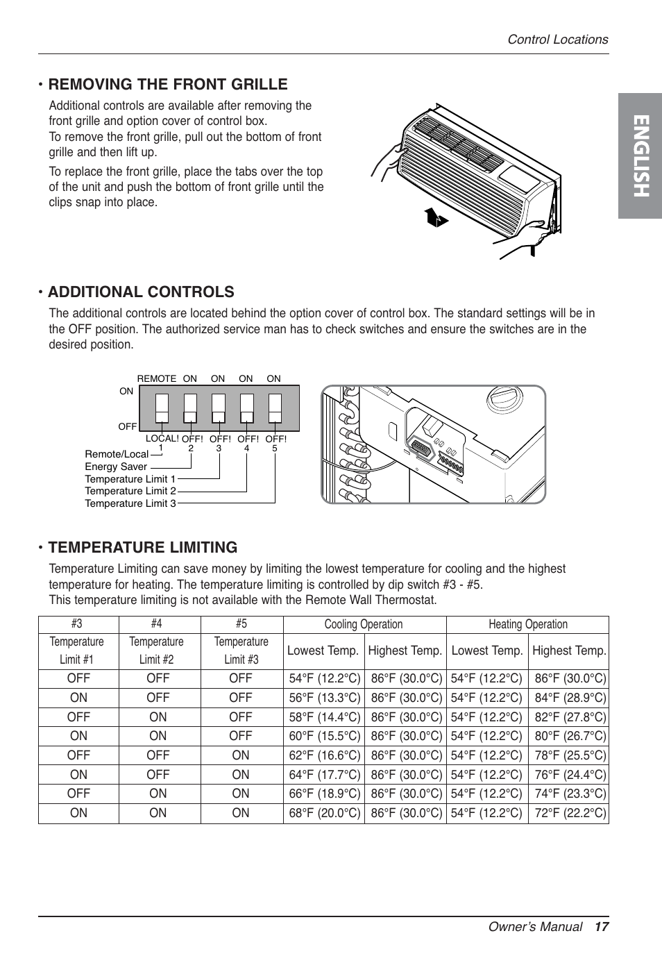 English, Temperature limiting, Removing the front grille | Additional controls | LG LP090CED User Manual | Page 17 / 27