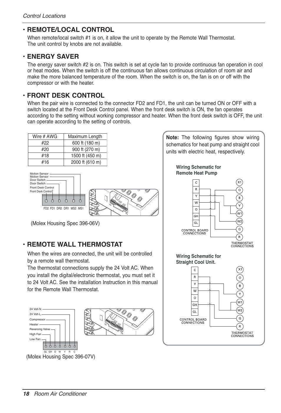 Remote/local control, Energy saver, Front desk control | Remote wall thermostat, 18 room air conditioner control locations | LG LP090CED User Manual | Page 18 / 27