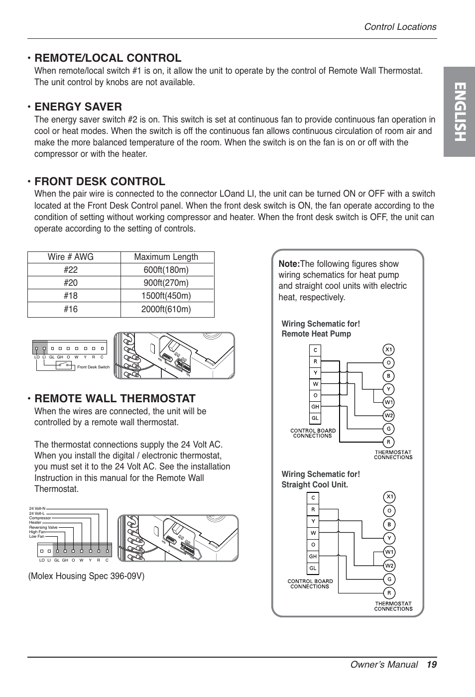 English, Front desk control, Remote wall thermostat | Remote/local control, Energy saver, Ownerʼs manual 19 | LG LP090CED User Manual | Page 19 / 27