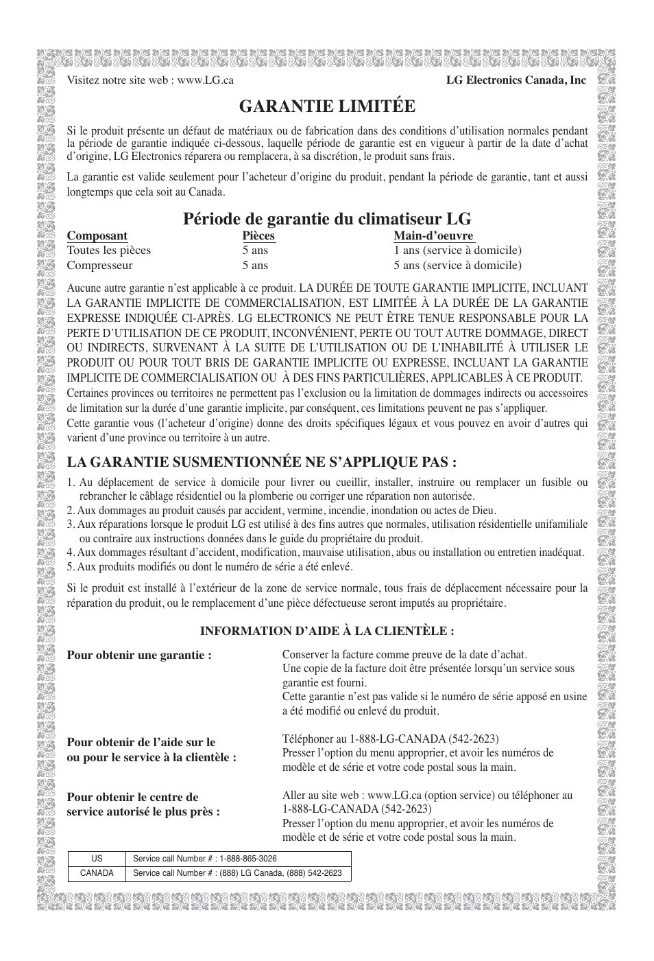 Garantie limitée, Période de garantie du climatiseur lg | LG LP090CED User Manual | Page 26 / 27