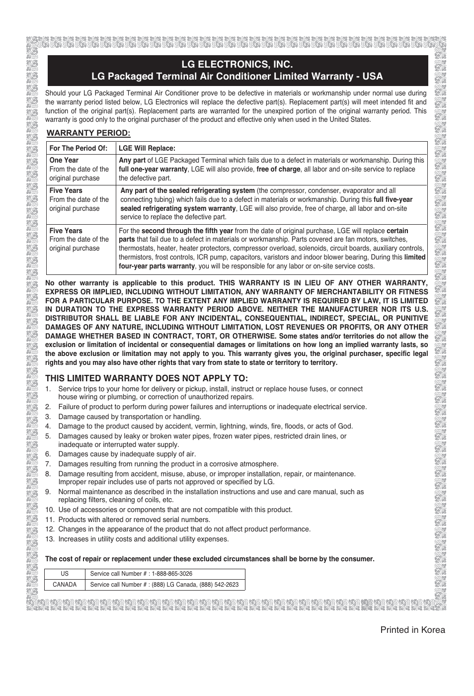 Printed in korea, This limited warranty does not apply to | LG LP090CED User Manual | Page 27 / 27