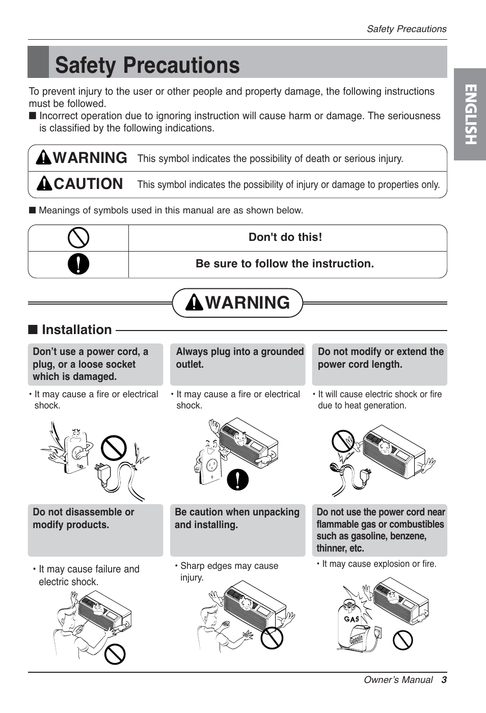 Safety precautions, Warning, English | Warning caution, N installation | LG LP090CED User Manual | Page 3 / 27