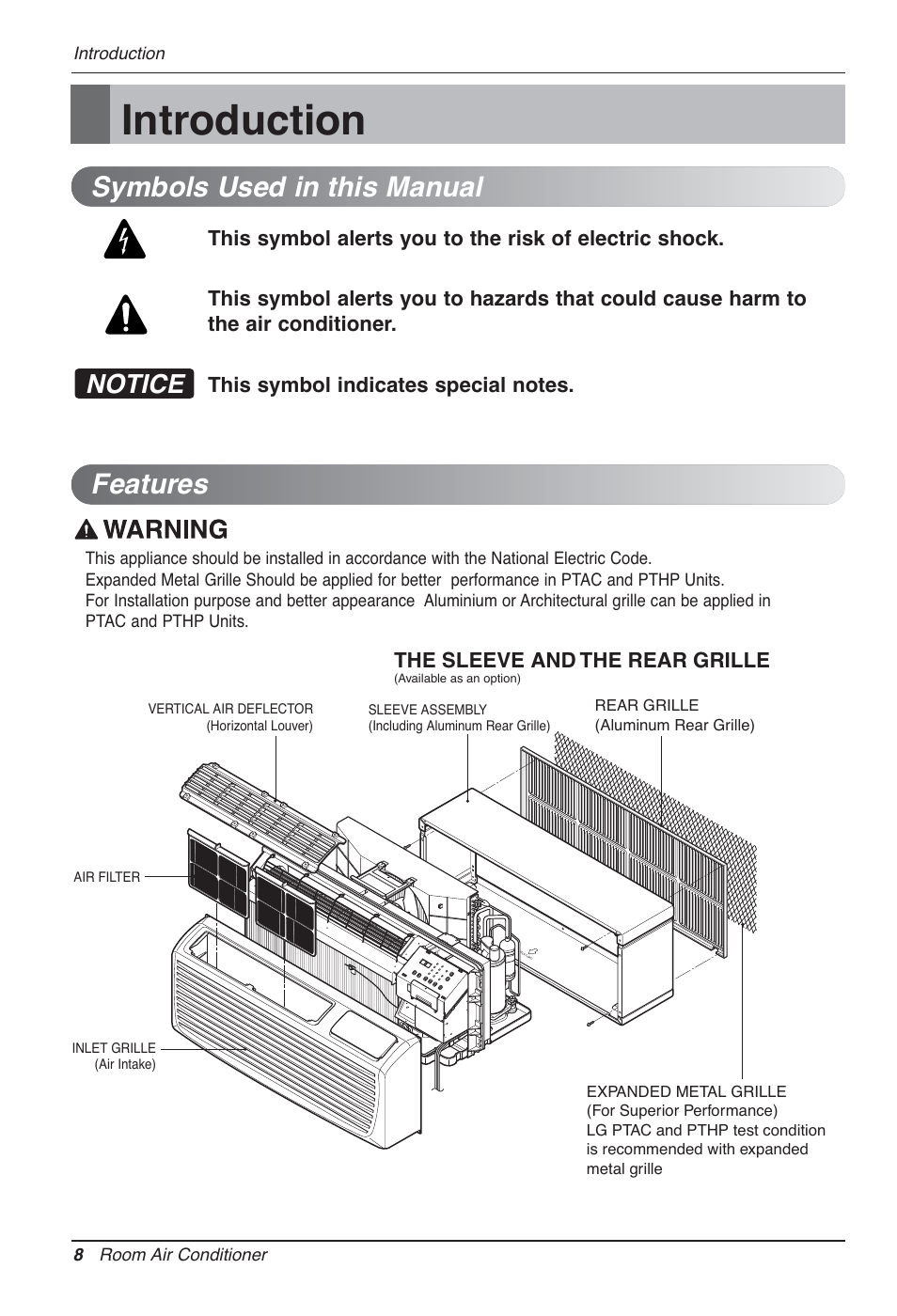 Introduction, Symbols used in this manual features, Notice | The sleeve and the rear grille | LG LP090CED User Manual | Page 8 / 27