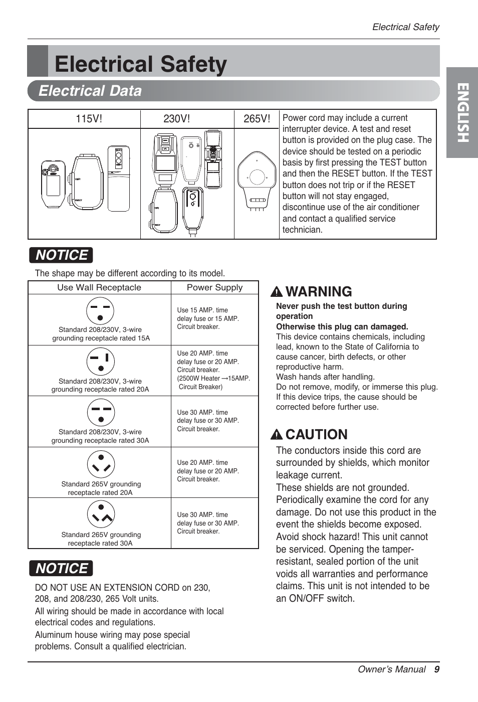 Electrical safety, English, Electrical data | Notice | LG LP090CED User Manual | Page 9 / 27