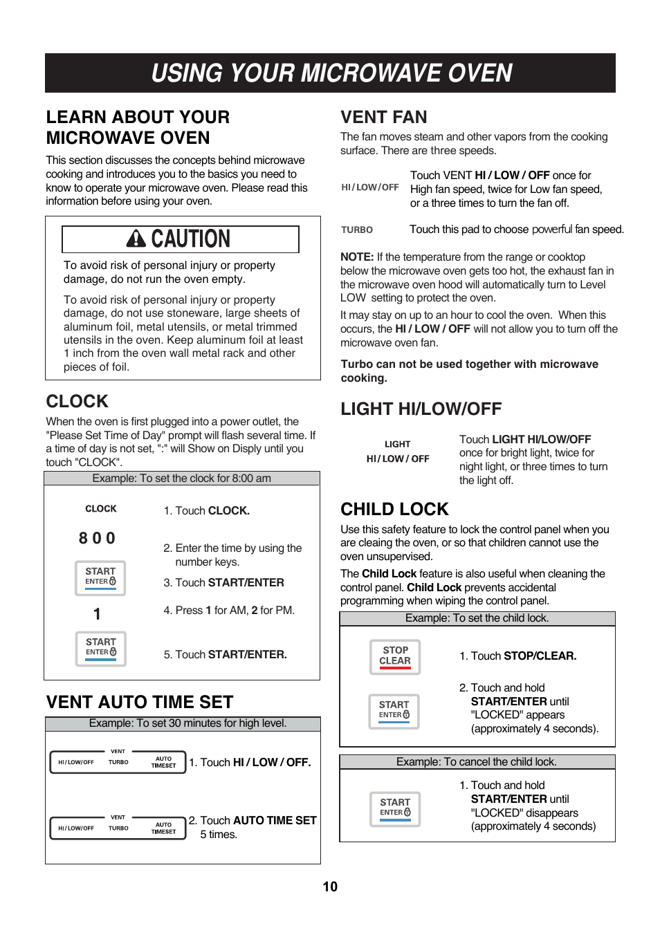 Using your microwave oven, Vent auto time set, Clock | Vent fan light hi/low/off, Learn about your microwave oven, Child lock | LG LMV1814SB User Manual | Page 10 / 32