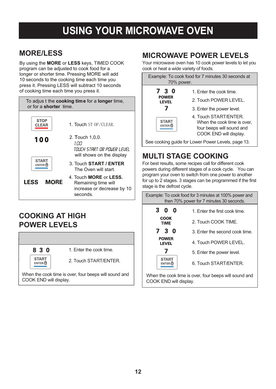 Using your microwave oven, More/less, Cooking at high power levels | Microwave power levels, Multi stage cooking | LG LMV1814SB User Manual | Page 12 / 32