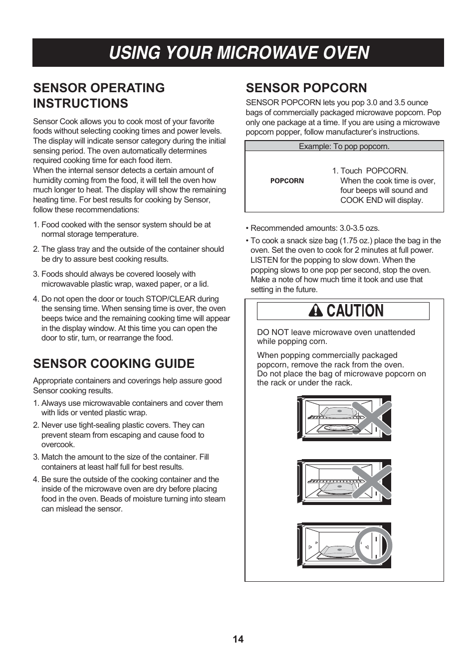 Using your microwave oven, Sensor popcorn sensor operating instructions, Sensor cooking guide | LG LMV1814SB User Manual | Page 14 / 32