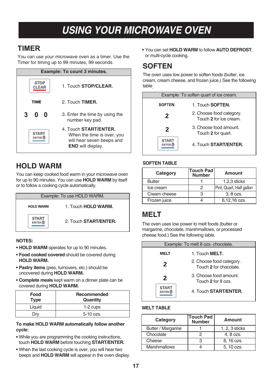 Using your microwave oven, Soften, Melt | Timer, Hold warm | LG LMV1814SB User Manual | Page 17 / 32