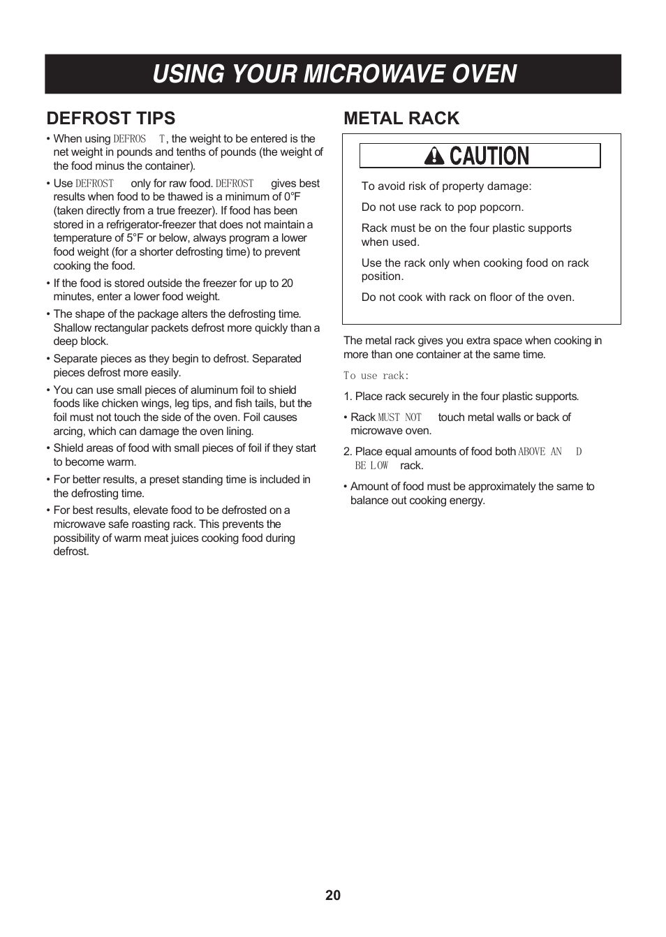Using your microwave oven, Metal rack, Defrost tips | LG LMV1814SB User Manual | Page 20 / 32