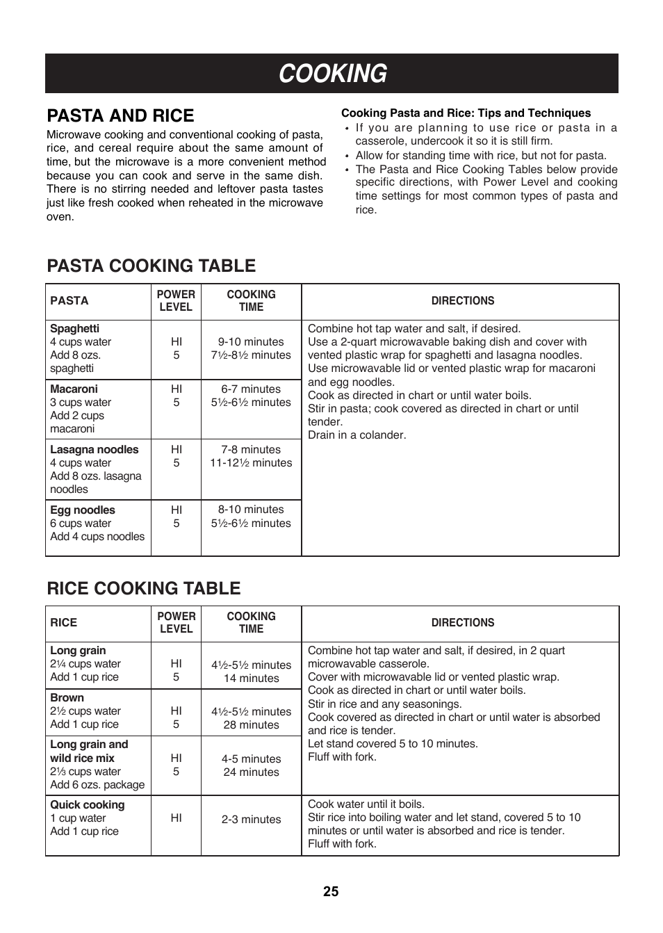 Cooking, Pasta and rice, Pasta cooking table | Rice cooking table | LG LMV1814SB User Manual | Page 25 / 32