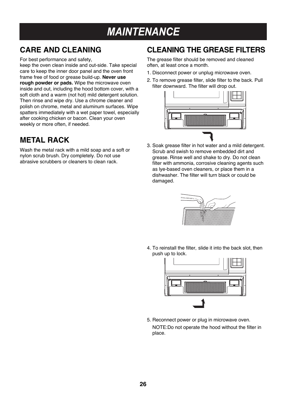 Care and cleaning, Metal rack, Cleaning the grease filters | LG LMV1814SB User Manual | Page 26 / 32