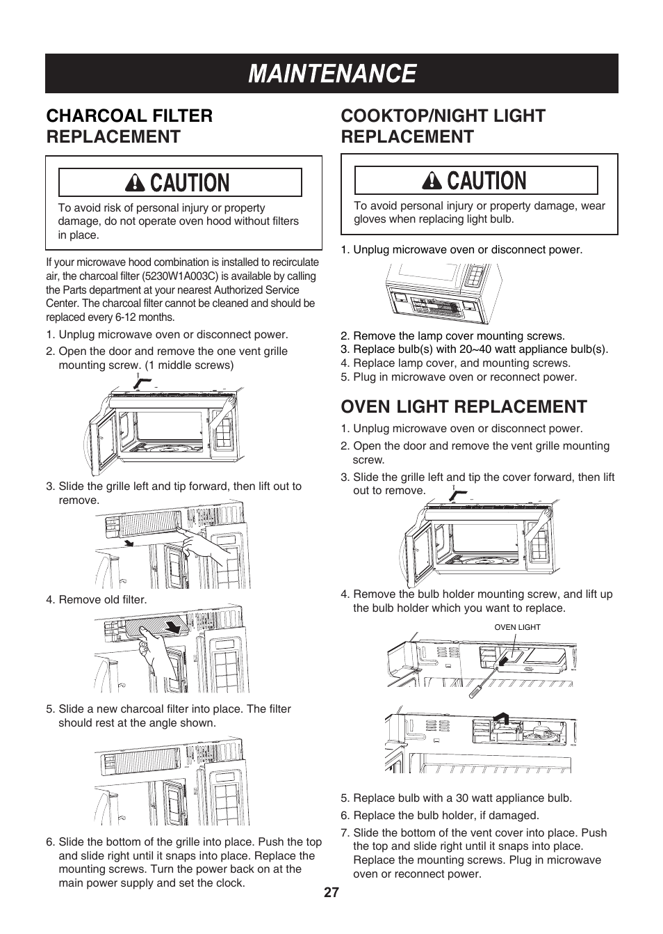 Charcoal filter replacement replacement, Cooktop/night light, Oven light replacement | LG LMV1814SB User Manual | Page 27 / 32