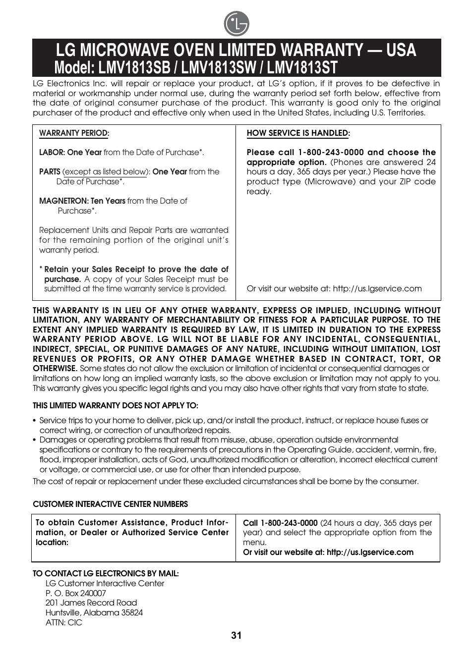 Lg microwave oven limited warranty — usa | LG LMV1814SB User Manual | Page 31 / 32