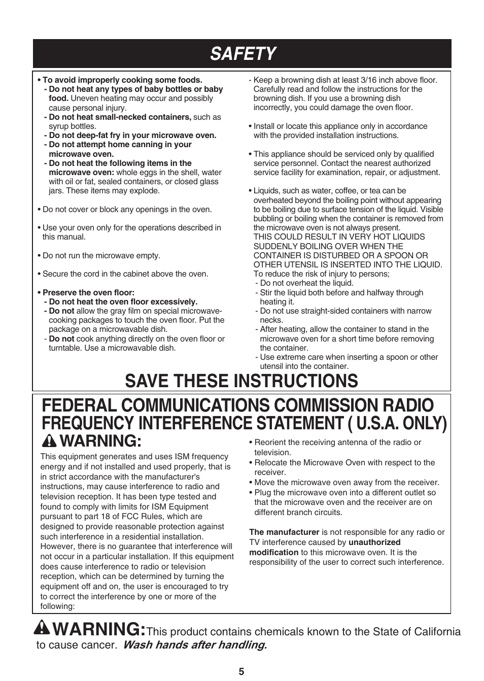 Warning, Wash hands after handling | LG LMV1814SB User Manual | Page 5 / 32