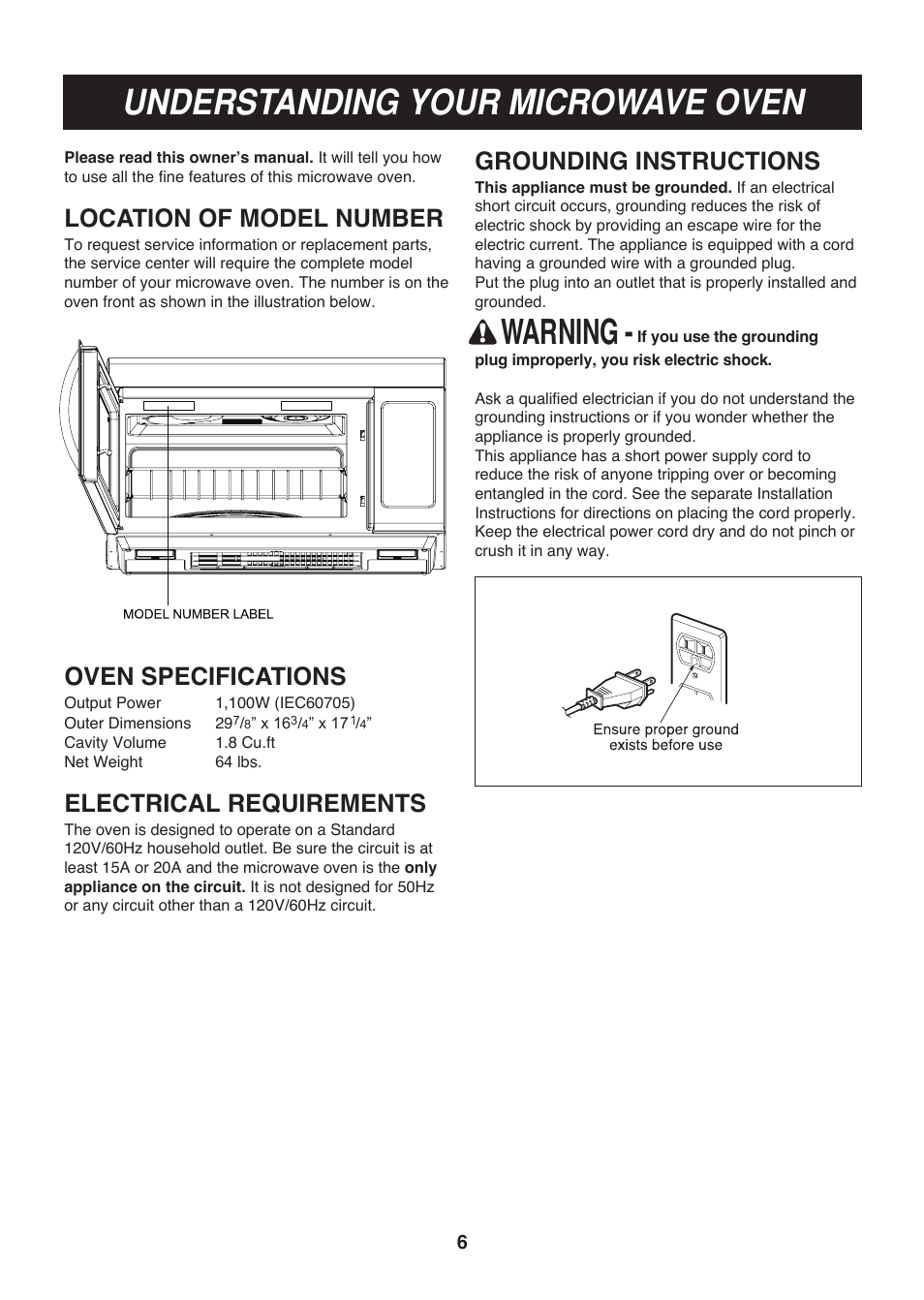 Understanding your microwave oven, Warning, Location of model number | Oven specifications, Electrical requirements, Grounding instructions | LG LMV1814SB User Manual | Page 6 / 32