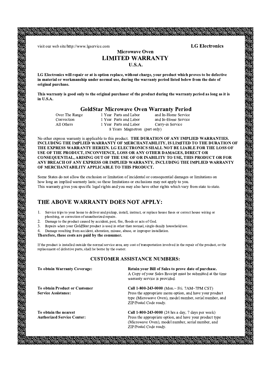 Limited warranty, Goldstar microwave oven warranty period, The above warranty does not apply | LG MV-1725B User Manual | Page 31 / 32