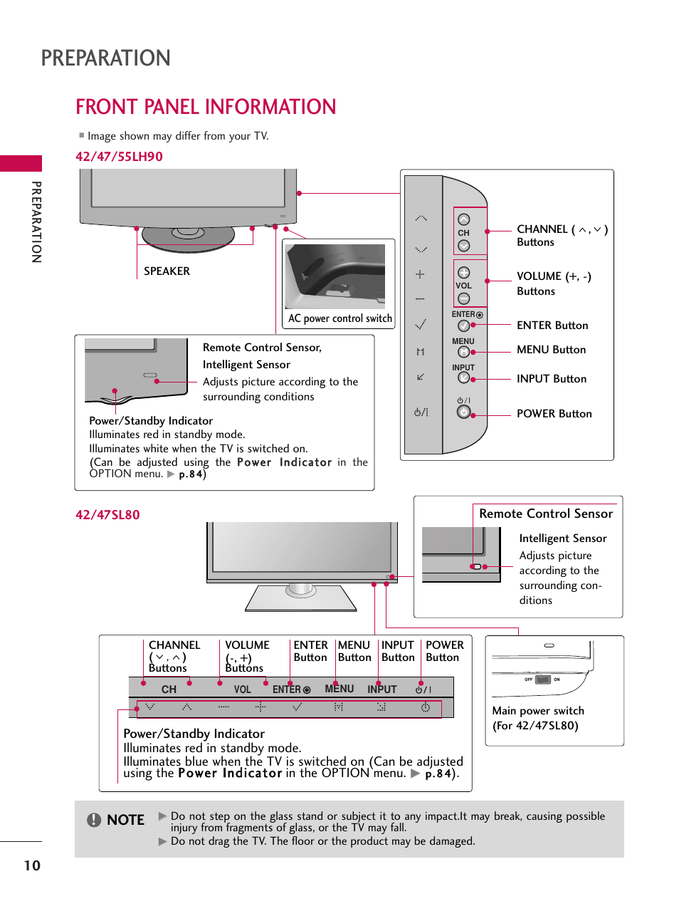 Front panel information, Preparation | LG 47SL90 User Manual | Page 10 / 140