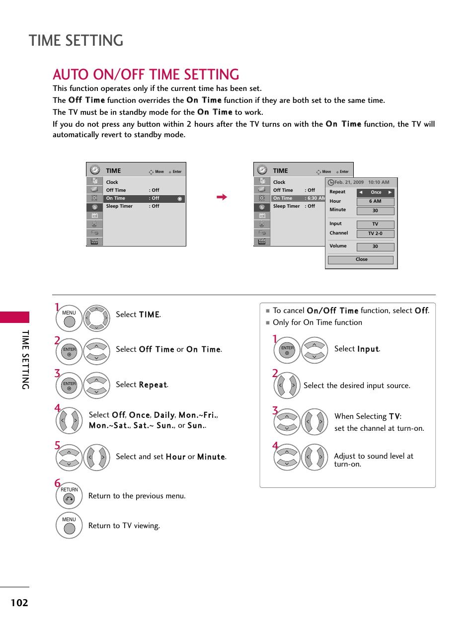 Auto on/off time setting, Time setting | LG 47SL90 User Manual | Page 102 / 140