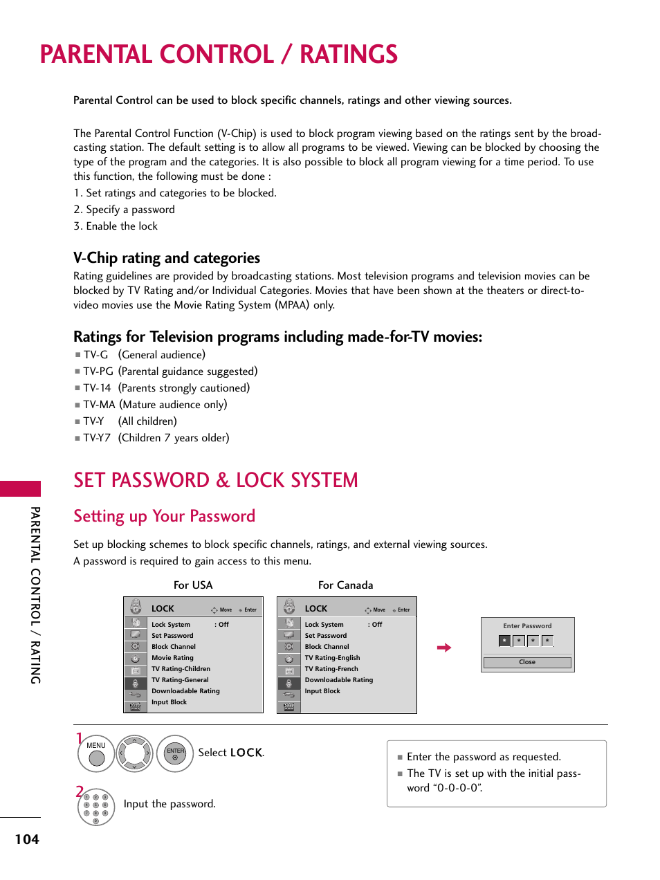 Parental control / ratings, Set password & lock system, Setting up your password | V-chip rating and categories, Parent al contr ol / r a ting | LG 47SL90 User Manual | Page 104 / 140