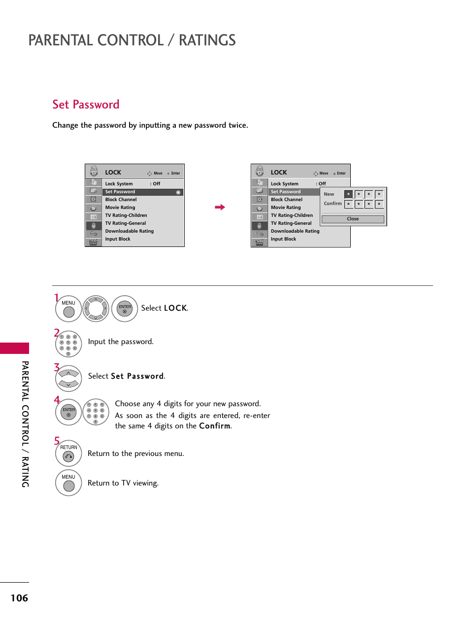 Set password, Parental control / ratings, Parent al contr ol / r a ting | Input the password, Return to the previous menu, Return to tv viewing | LG 47SL90 User Manual | Page 106 / 140