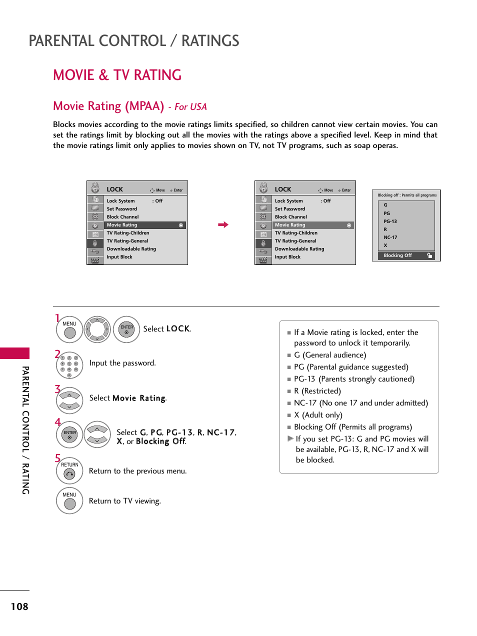 Movie & tv rating, Movie rating (mpaa) - for usa, Parental control / ratings | Movie rating (mpaa), For usa, Parent al contr ol / r a ting | LG 47SL90 User Manual | Page 108 / 140
