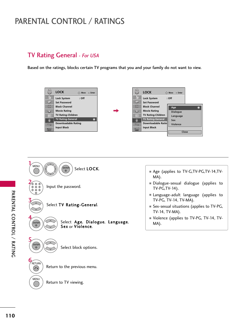 Tv rating general - for usa, Parental control / ratings, Tv rating general | For usa, Parent al contr ol / r a ting | LG 47SL90 User Manual | Page 110 / 140