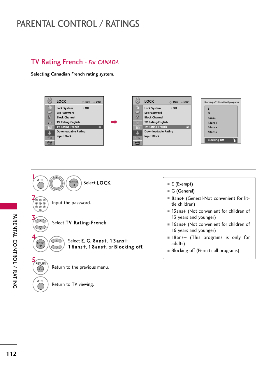 Tv rating french - for canada, Parental control / ratings, Tv rating french | For canada, Parent al contr ol / r a ting | LG 47SL90 User Manual | Page 112 / 140