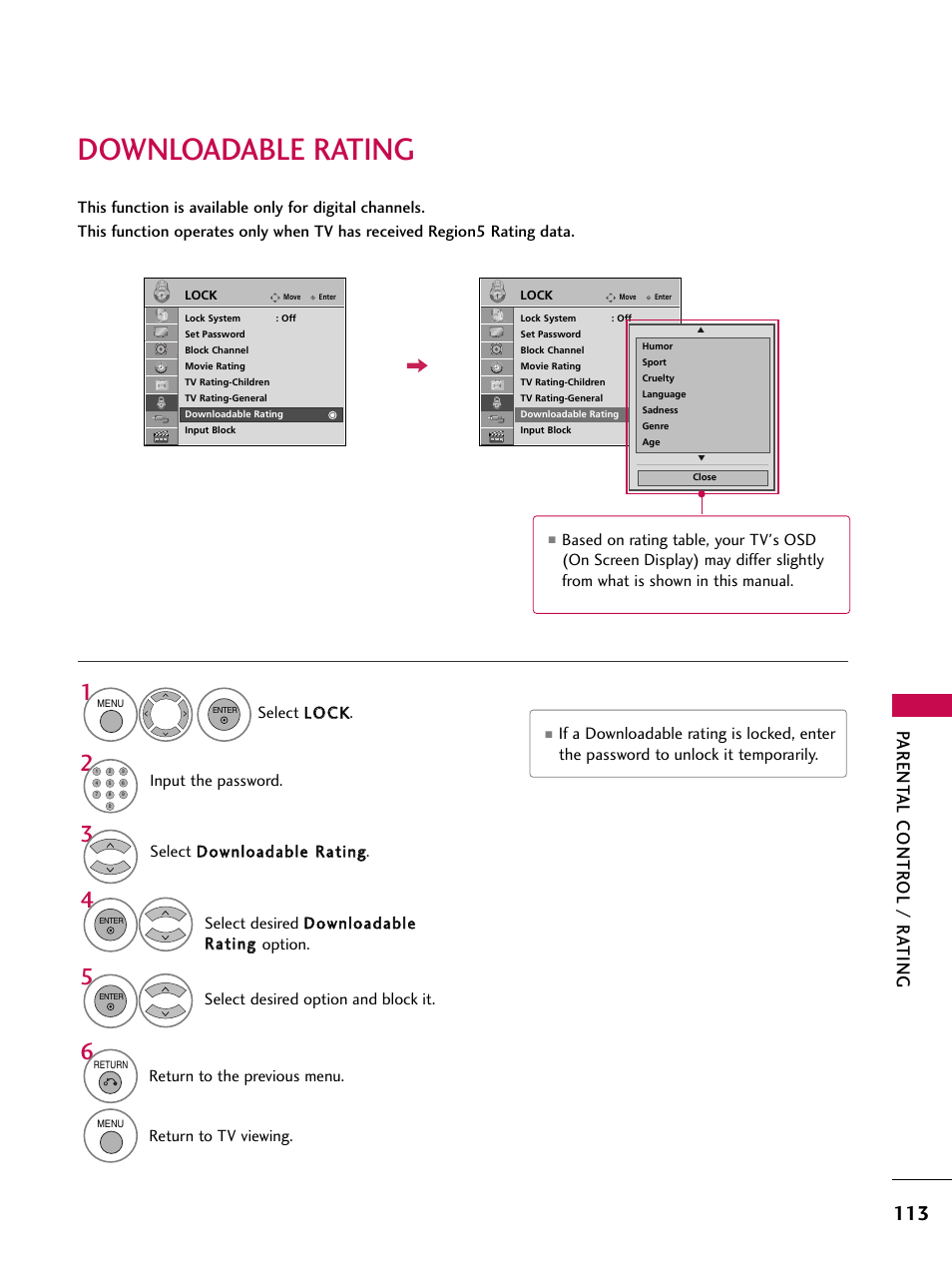 Downloadable rating, Parent al contr ol / r a ting | LG 47SL90 User Manual | Page 113 / 140