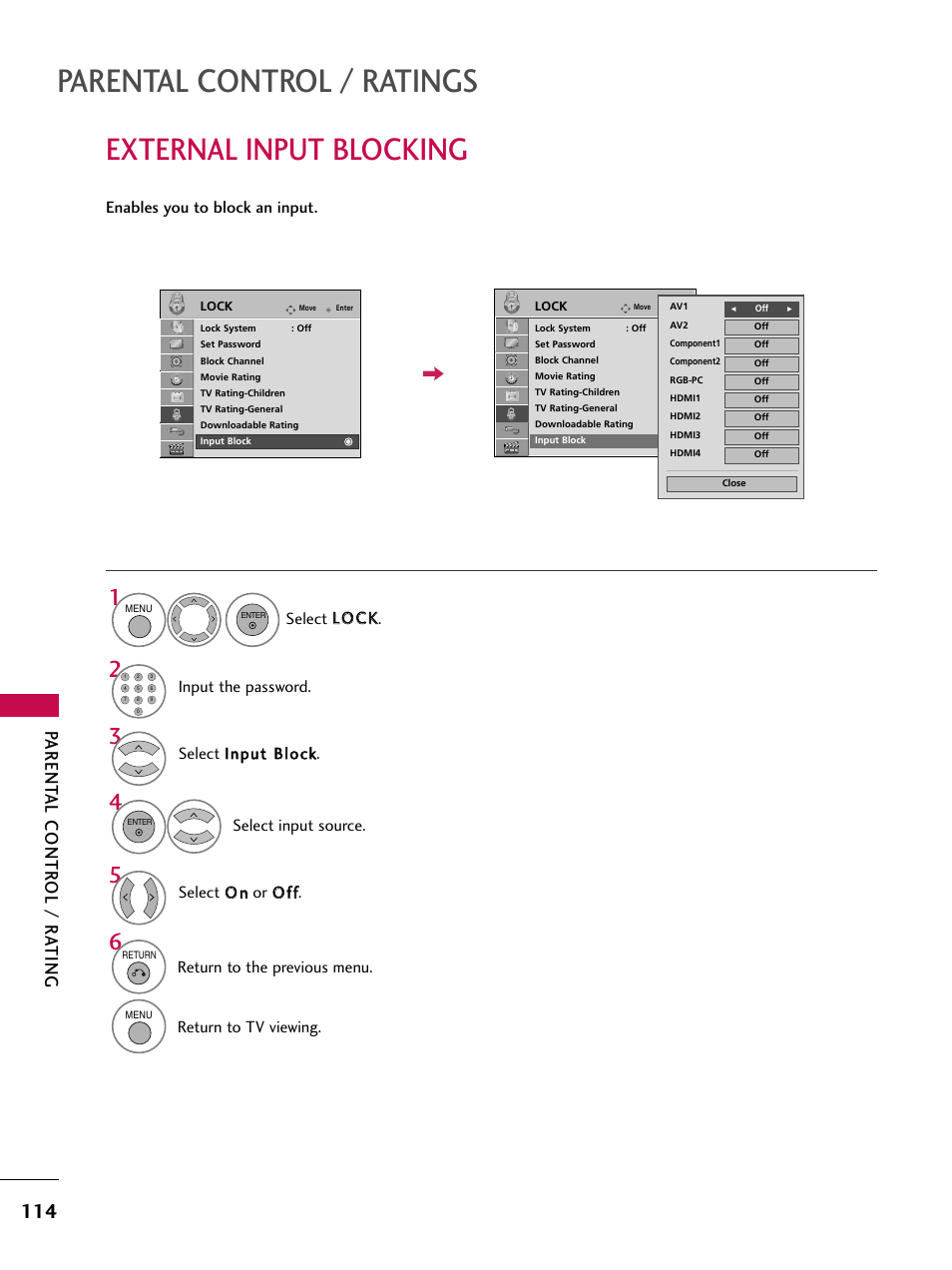 External input blocking, Parental control / ratings, Parent al contr ol / r a ting | Input the password, Return to the previous menu, Return to tv viewing | LG 47SL90 User Manual | Page 114 / 140