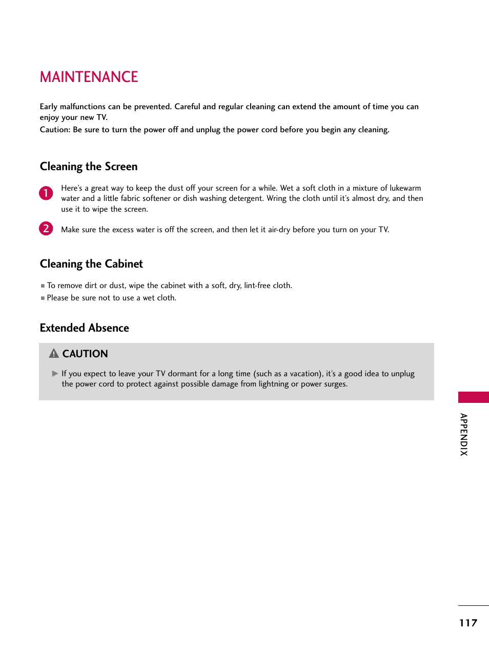Maintenance, Cleaning the screen, Cleaning the cabinet | Extended absence | LG 47SL90 User Manual | Page 117 / 140