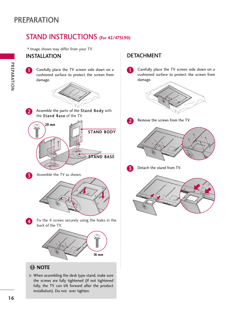 Stand instructions (for 42/47sl90), Preparation, Stand instructions | Installation, Detachment | LG 47SL90 User Manual | Page 16 / 140