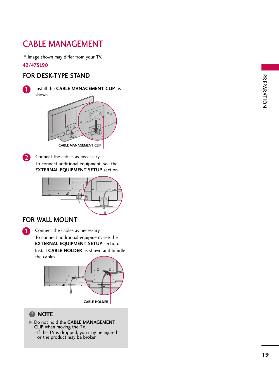Cable management, For desk-type stand, For wall mount | LG 47SL90 User Manual | Page 19 / 140