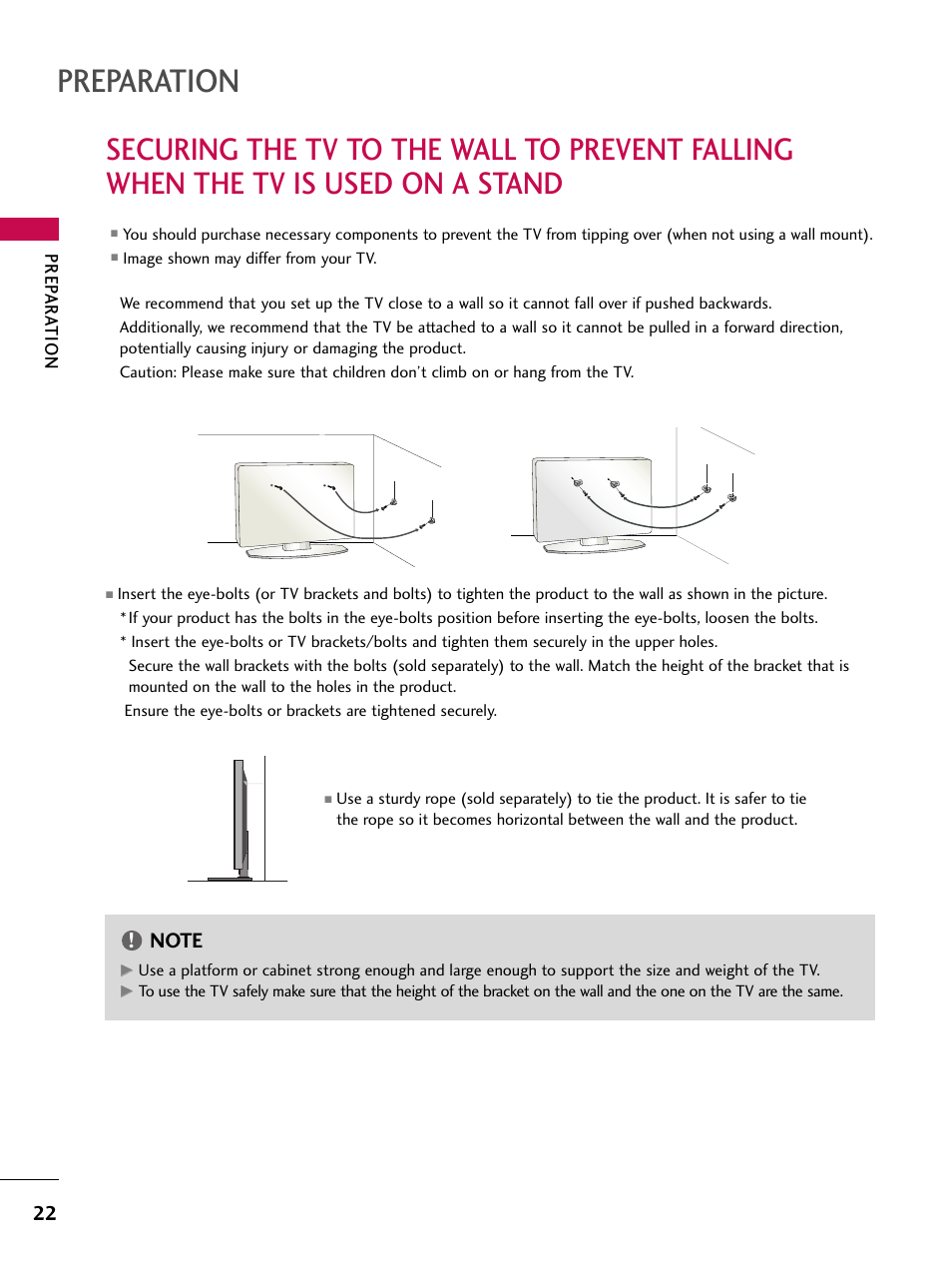 Securing the tv to the wall to prevent falling, Preparation | LG 47SL90 User Manual | Page 22 / 140