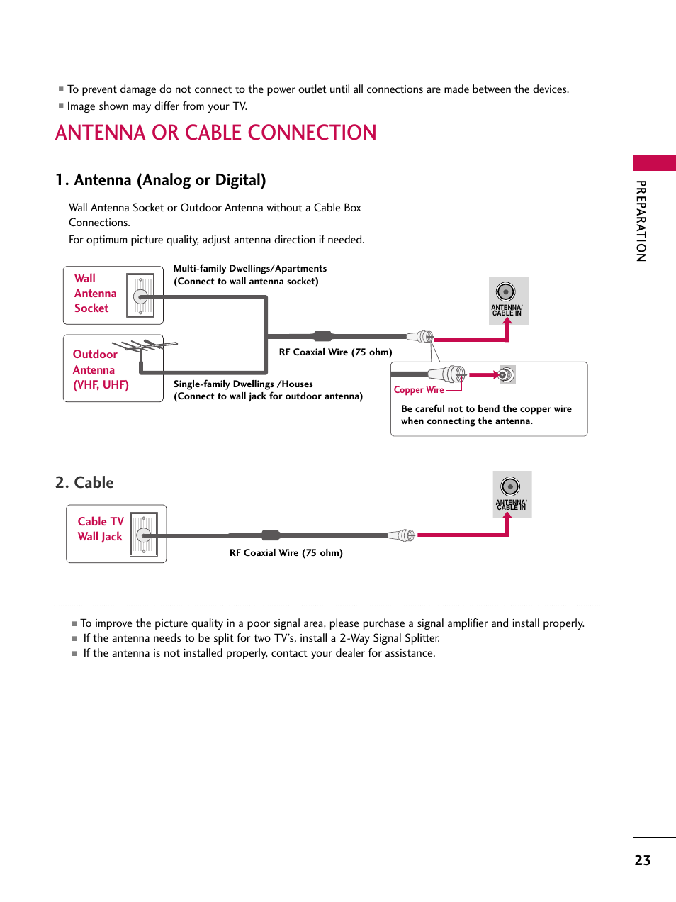 Antenna or cable connection, Antenna (analog or digital), Cable | Prep ar a tion | LG 47SL90 User Manual | Page 23 / 140