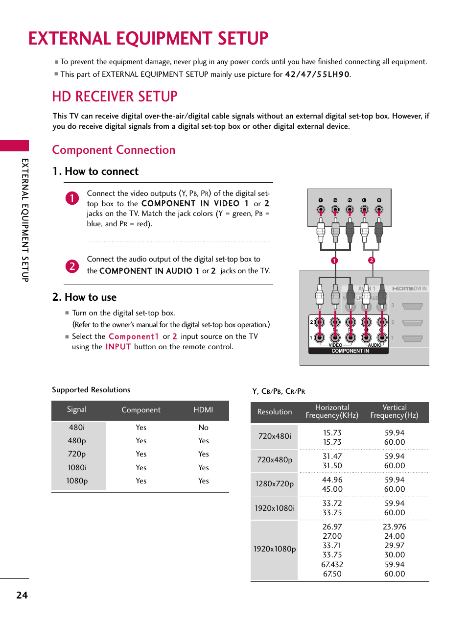 External equipment setup, Hd receiver setup, Component connection | How to connect, How to use, External eq uipment setup | LG 47SL90 User Manual | Page 24 / 140