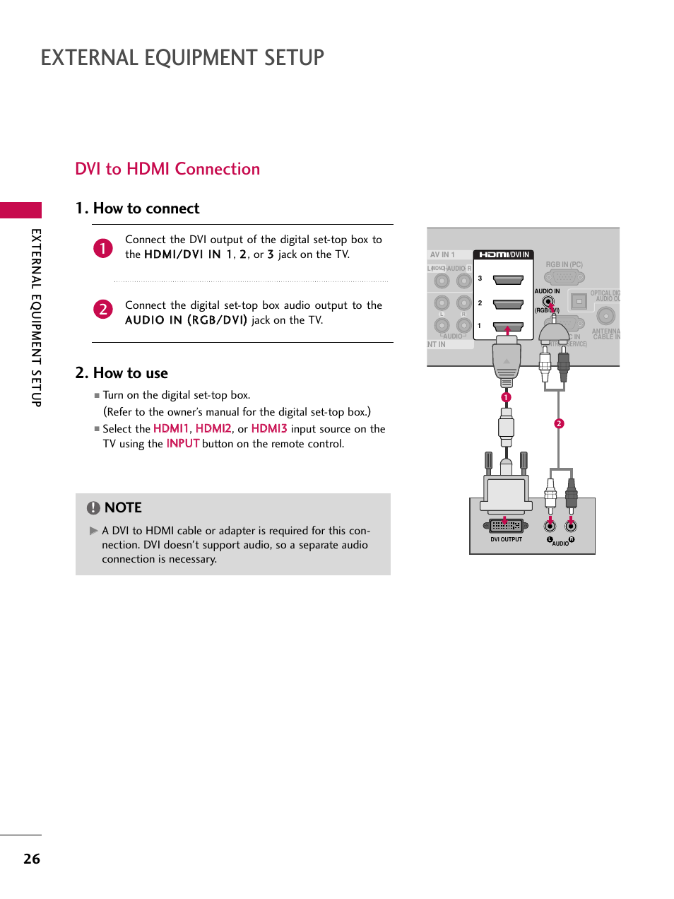 Dvi to hdmi connection, External equipment setup, How to connect 2. how to use | External eq uipment setup | LG 47SL90 User Manual | Page 26 / 140