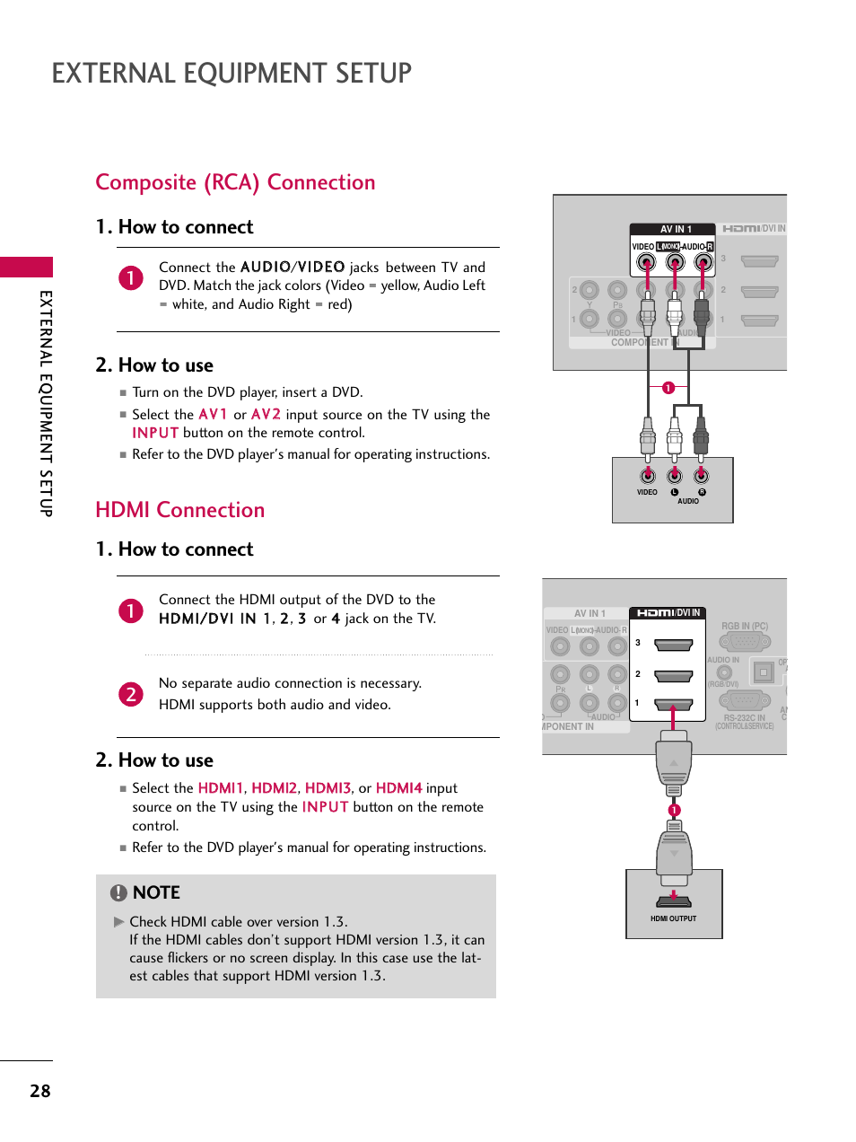 Composite (rca) connection, Hdmi connection, External equipment setup | How to connect 2. how to use, External eq uipment setup | LG 47SL90 User Manual | Page 28 / 140