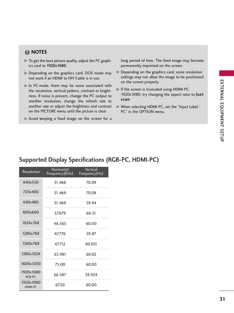Supported display specifications (rgb-pc, hdmi-pc) | LG 47SL90 User Manual | Page 31 / 140