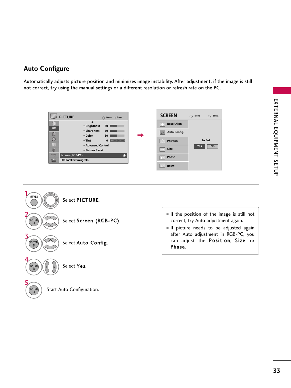 Auto configure, External eq uipment setup | LG 47SL90 User Manual | Page 33 / 140