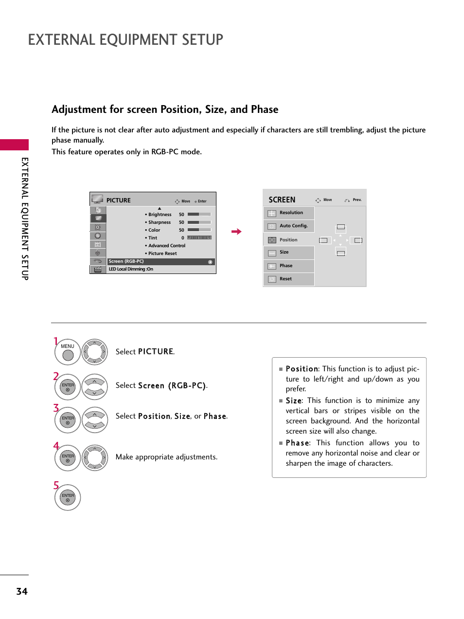 External equipment setup, Adjustment for screen position, size, and phase, External eq uipment setup | LG 47SL90 User Manual | Page 34 / 140