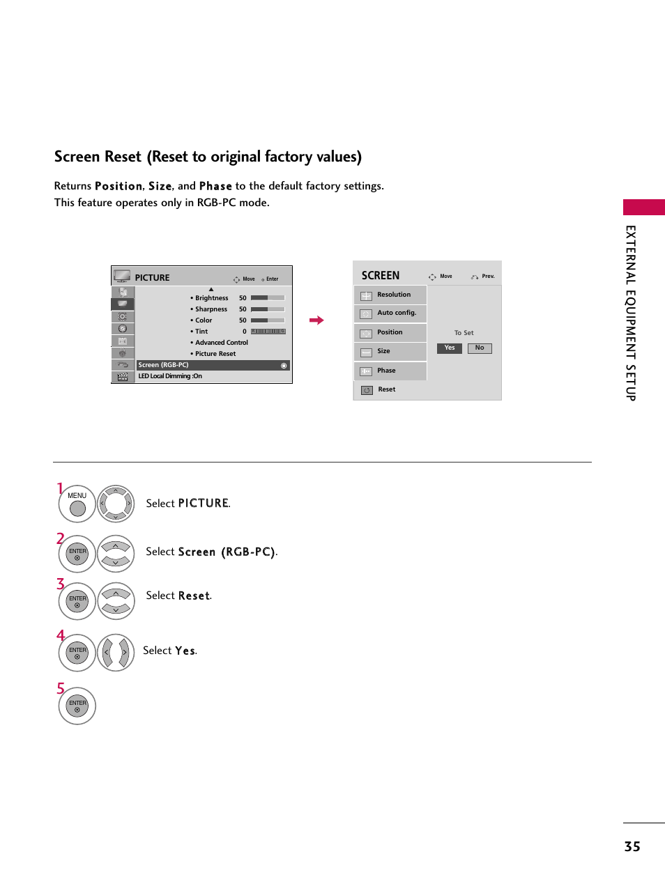 Screen reset (reset to original factory values), External eq uipment setup | LG 47SL90 User Manual | Page 35 / 140